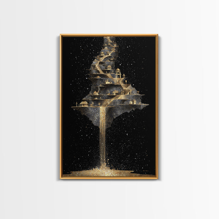 Floating Cosmic City Of Light, Canvas Gold Canvas Print, Fantasy Architecture Wall Art, Real Wood Framed Home Decor
