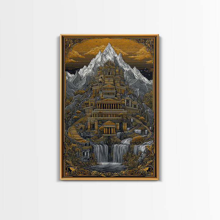 Mythical Mountain Palace With Waterfalls, Canvas Gold Canvas Print, Fantasy Landscape Art, Real Wood Framed Wall Decor