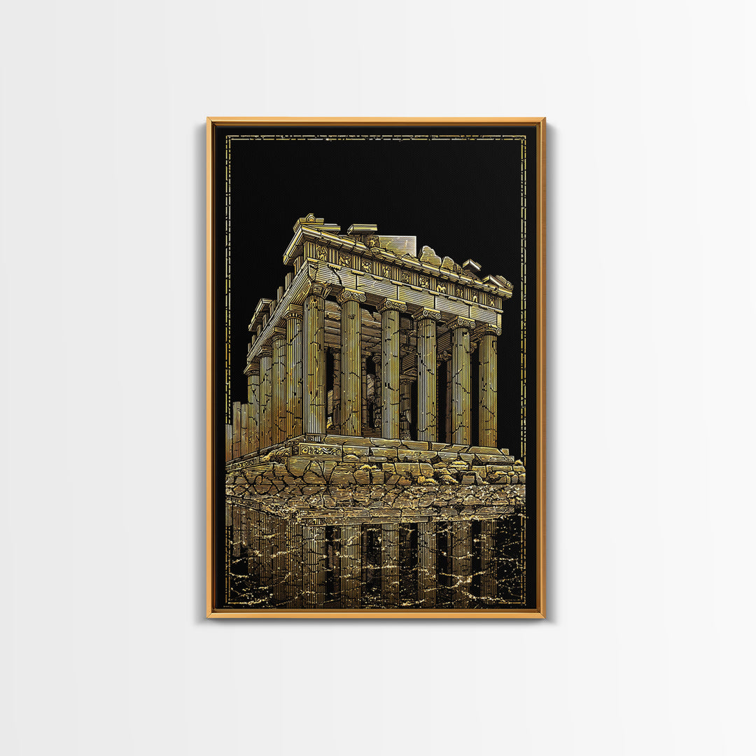 Ancient Ruins On Water Reflection, Canvas Gold Canvas Print, Classical Greek Architecture Wall Art, Real Wood Framed Art