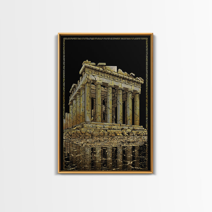 Ancient Ruins On Water Reflection, Canvas Gold Canvas Print, Classical Greek Architecture Wall Art, Real Wood Framed Art
