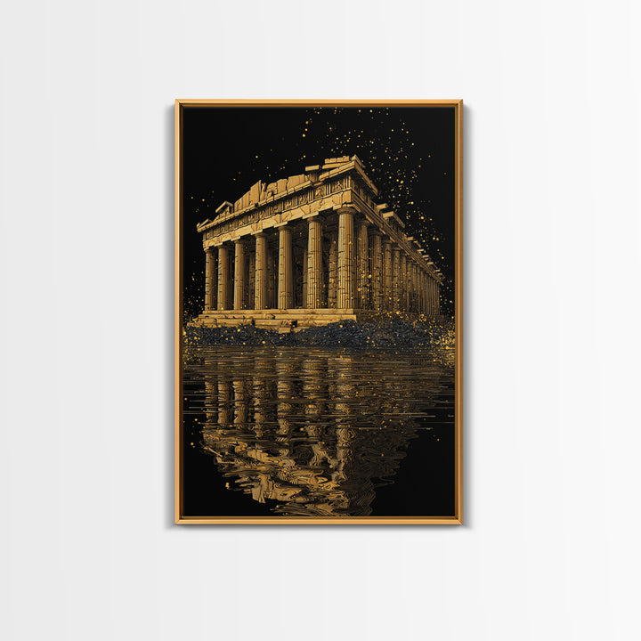 Parthenon Temple Reflection Shimmer, Canvas Gold Canvas Print, Ancient Greek Architecture Artwork, Real Wood Framed Decor