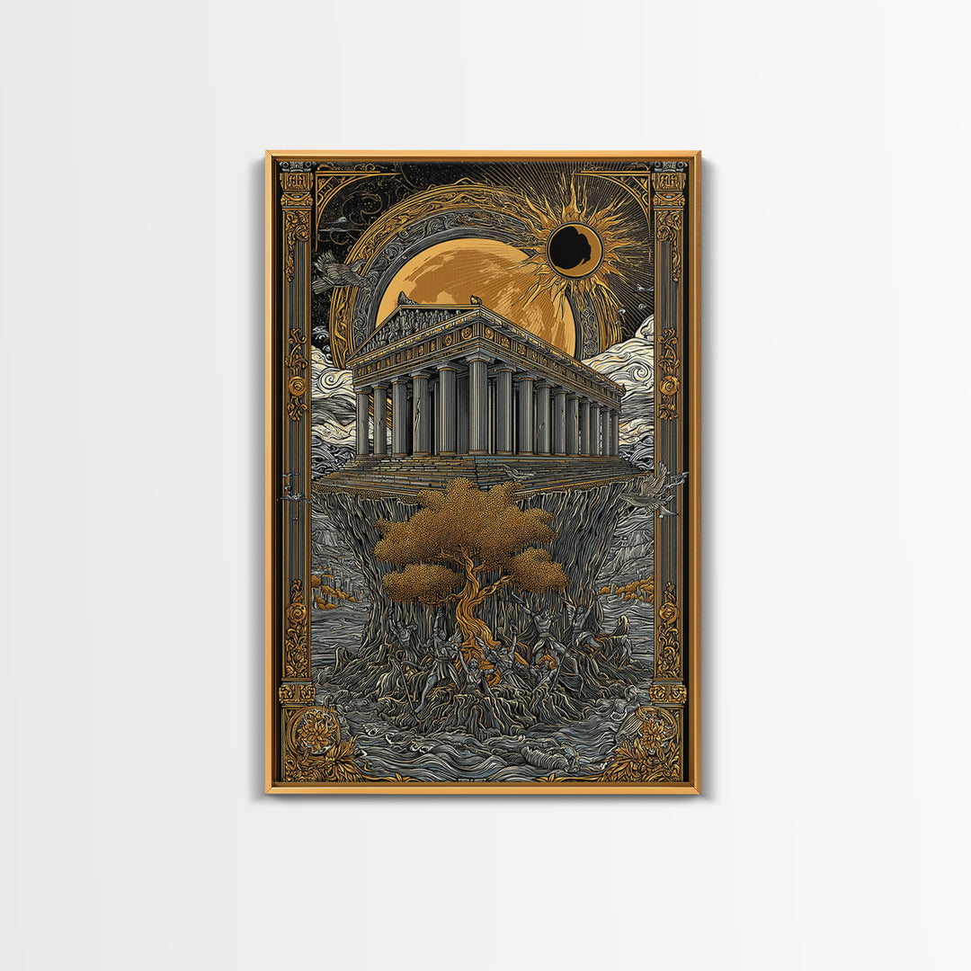 Temple Under Eclipse Sun And Stars, Canvas Gold Canvas Print, Mythical Fantasy Architecture Wall Art, Real Wood Framed Art