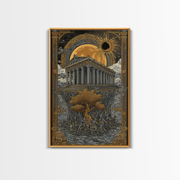 Temple Under Eclipse Sun And Stars, Canvas Gold Canvas Print, Mythical Fantasy Architecture Wall Art, Real Wood Framed Art