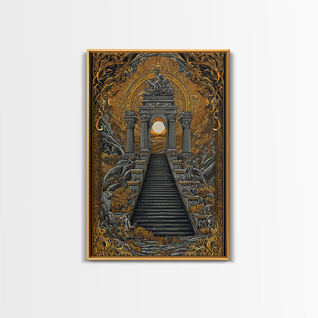Grand Temple Archway And Stairs, Canvas Gold Canvas Print, Mythical Ancient Architecture Artwork, Real Wood Framed Decor