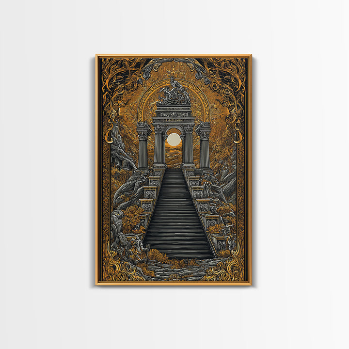 Grand Temple Archway And Stairs, Canvas Gold Canvas Print, Mythical Ancient Architecture Artwork, Real Wood Framed Decor