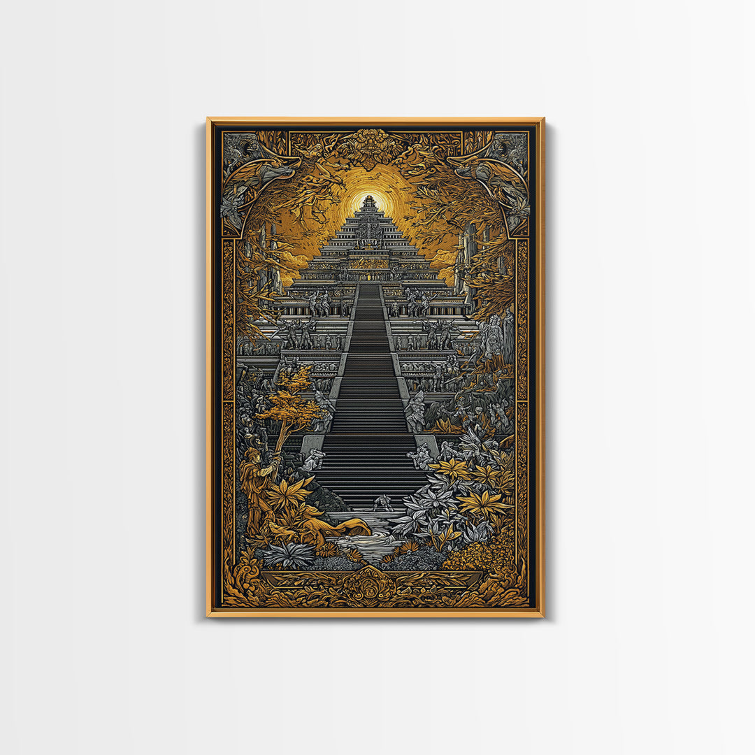 Mythical Ziggurat Sunlit Temple, Canvas Gold Canvas Print, Ancient Fantasy Architecture Wall Art, Real Wood Framed Artwork