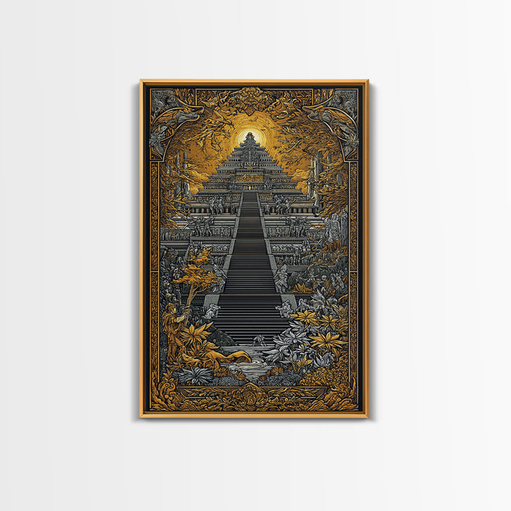 Mythical Ziggurat Sunlit Temple, Canvas Gold Canvas Print, Ancient Fantasy Architecture Wall Art, Real Wood Framed Artwork