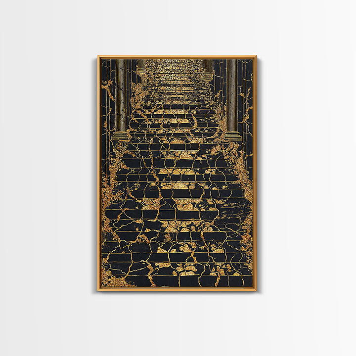 Cracked Marble Golden Stairway, Canvas Gold Art, Mythical Abstract Architecture Artwork, Real Wood Framed Wall Decor