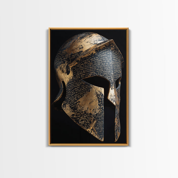 Heavily Ornamented Greek Helmet with Laurel Motif – Canvas Gold Art, Premium Framed Canvas Art with Real Wood, Heroic Wall Display