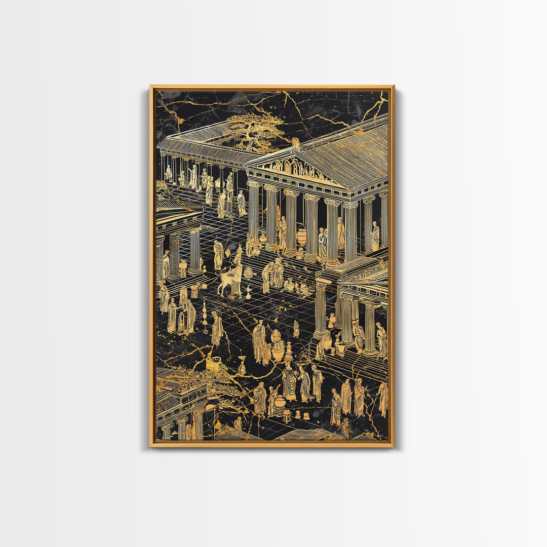 Ancient Marketplace With Temples, Canvas Gold Canvas Print, Classical Greek Architecture Wall Art, Real Wood Framed Decor