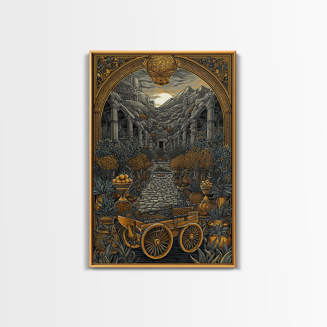 Ancient Courtyard With Columns And Citrus Trees, Canvas Gold Canvas Print, Mythical Garden Wall Art, Real Wood Framed Decor
