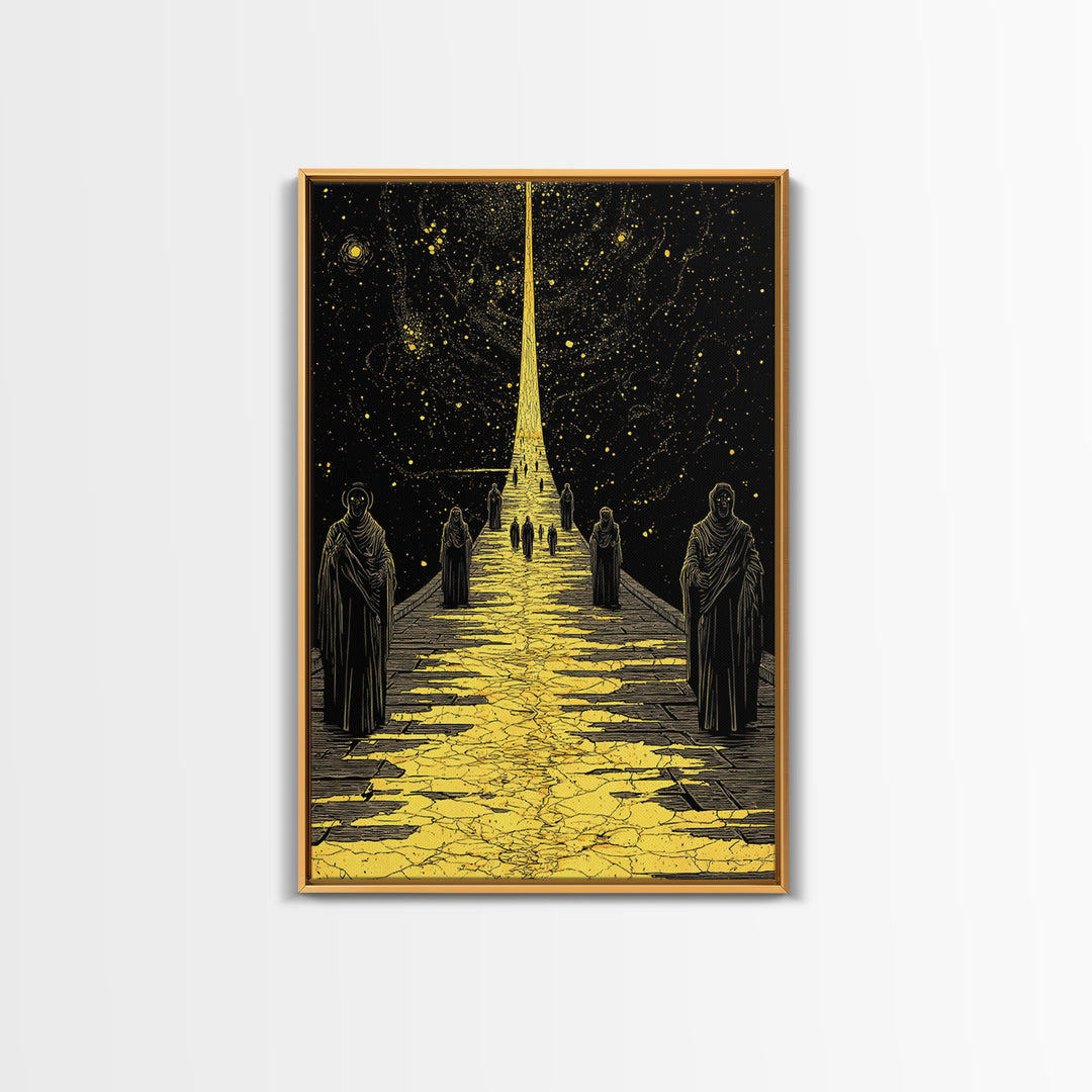 Celestial Path Of Golden Light, Canvas Gold Art, Mystical Night Sky Fantasy Print, Real Wood Framed Wall Artwork