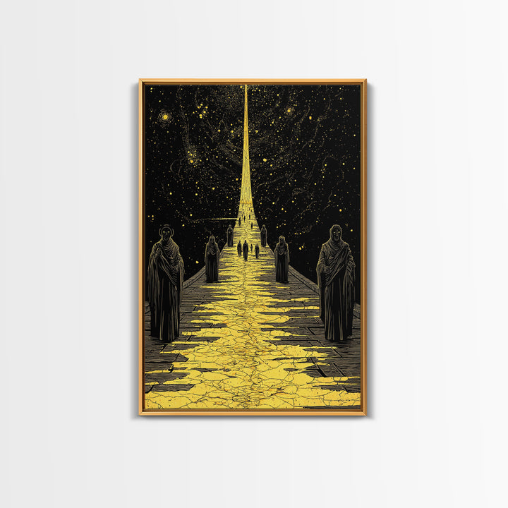 Celestial Path Of Golden Light, Canvas Gold Art, Mystical Night Sky Fantasy Print, Real Wood Framed Wall Artwork