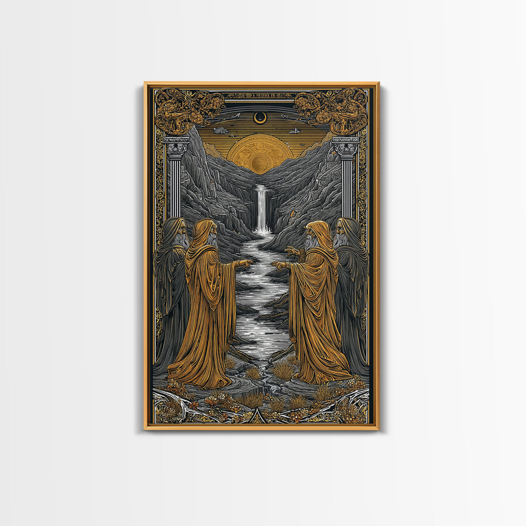 Golden Sun Over Waterfall Valley, Canvas Gold Canvas Print, Mythical Landscape Fantasy Art, Real Wood Framed Wall Decor