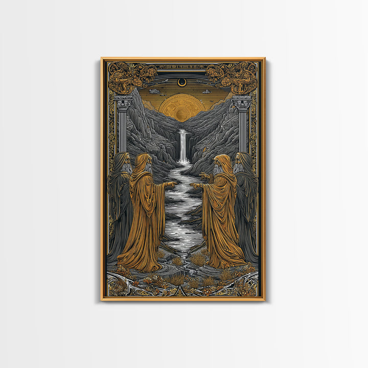 Golden Sun Over Waterfall Valley, Canvas Gold Canvas Print, Mythical Landscape Fantasy Art, Real Wood Framed Wall Decor