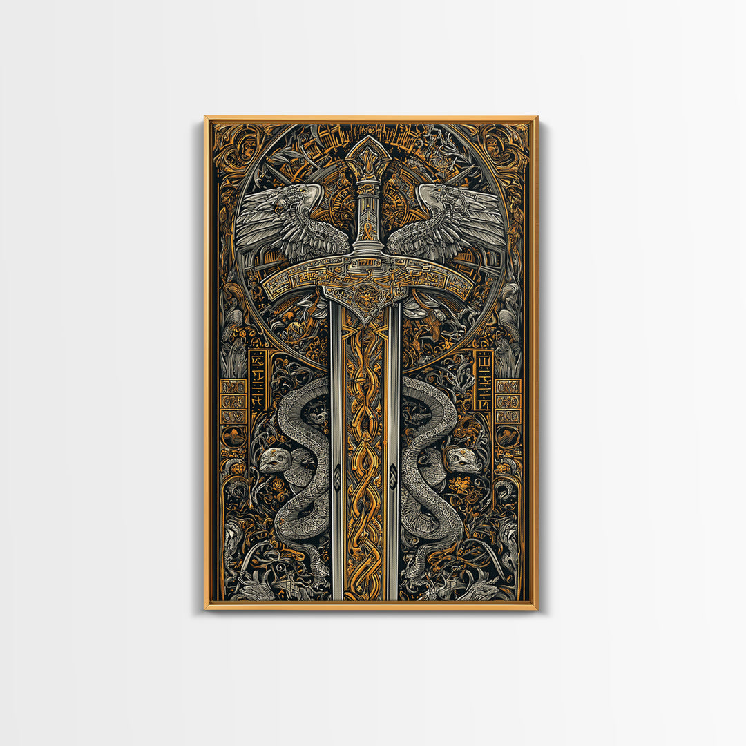 Ornate Sword With Serpents And Wings, Canvas Gold Canvas Print, Medieval Fantasy Wall Art, Real Wood Framed Artwork