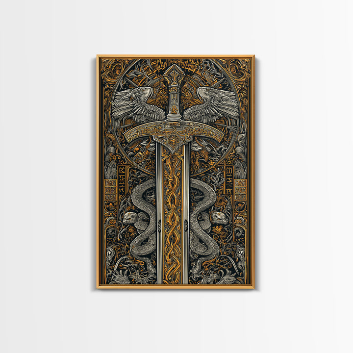 Ornate Sword With Serpents And Wings, Canvas Gold Canvas Print, Medieval Fantasy Wall Art, Real Wood Framed Artwork