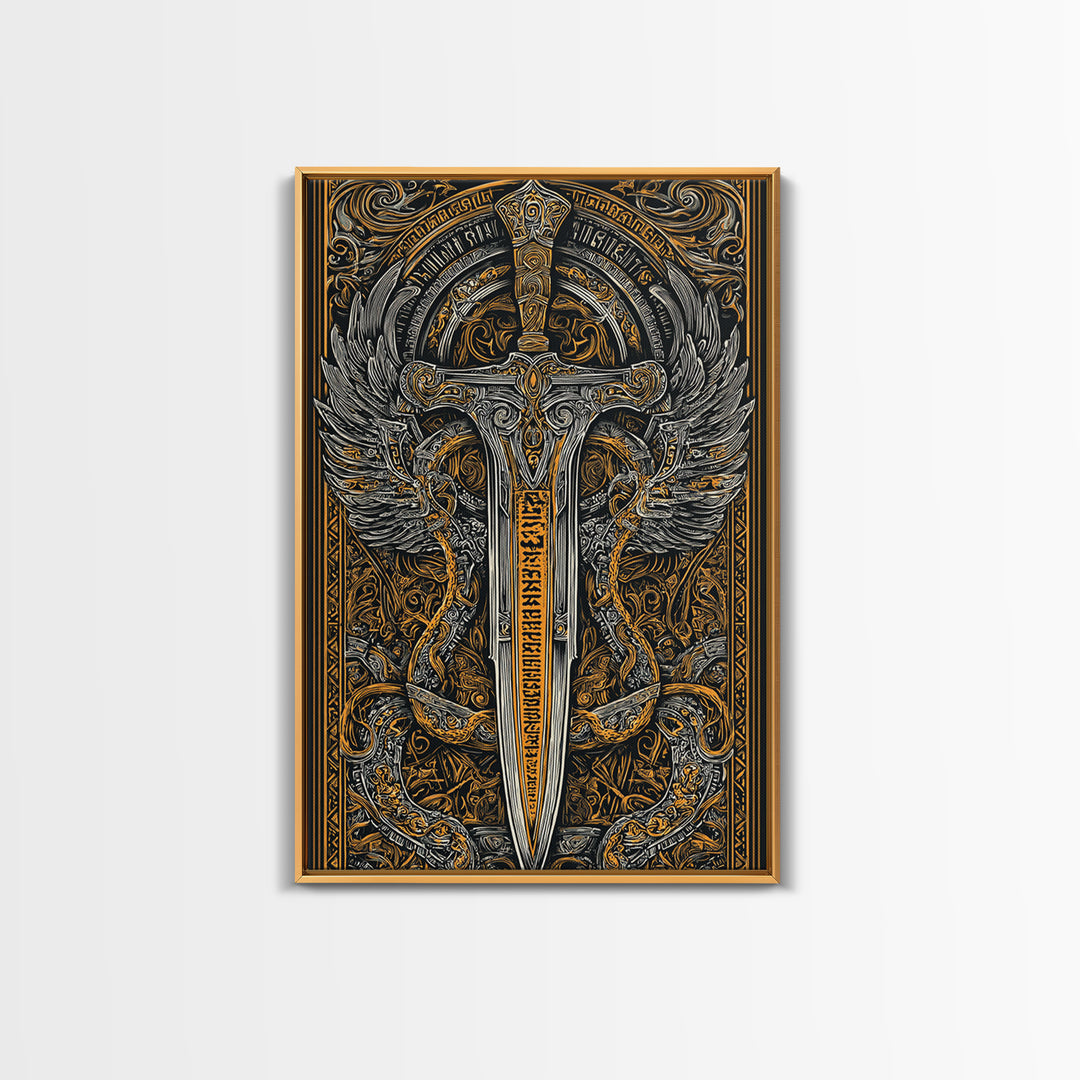Winged Sword Surrounded By Dragons, Canvas Gold Art, Medieval Fantasy Canvas Print, Real Wood Framed Mythical Decor