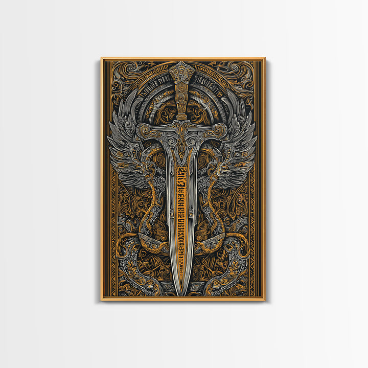 Winged Sword Surrounded By Dragons, Canvas Gold Art, Medieval Fantasy Canvas Print, Real Wood Framed Mythical Decor