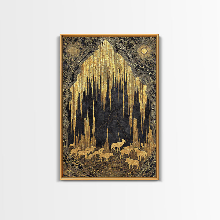 Golden Cave With Mountain Goats, Canvas Gold Canvas Print, Mythical Nature Landscape Art, Real Wood Framed Wall Decor