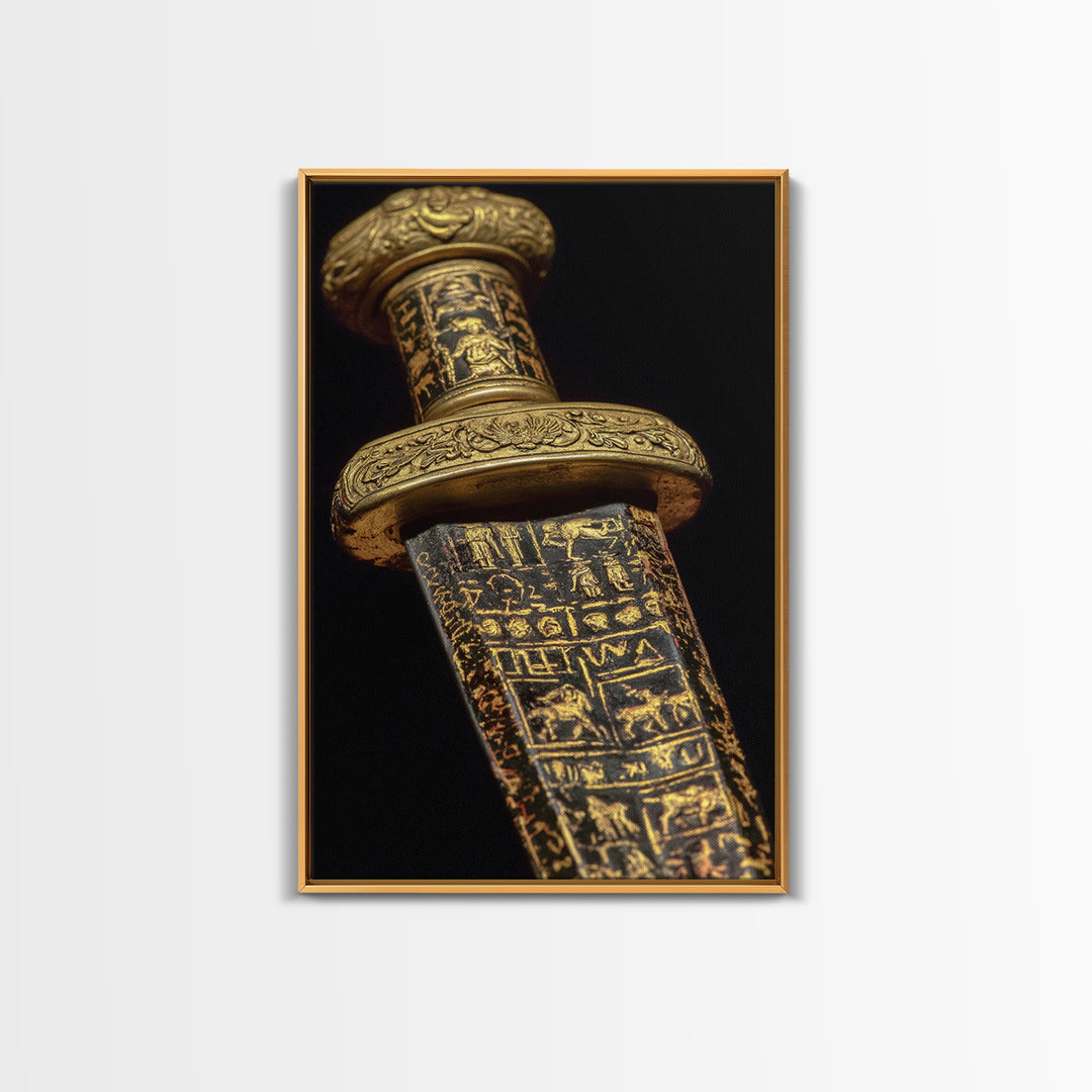 Ancient Sword With Etched Symbols, Canvas Gold Canvas Print, Mystical Weaponry Wall Art, Real Wood Framed Artwork