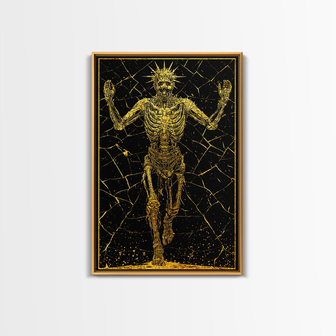 Golden Skeleton With Radiant Crown, Canvas Gold Art, Mythical Dark Fantasy Wall Print, Real Wood Framed Decor