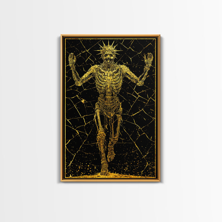 Golden Skeleton With Radiant Crown, Canvas Gold Art, Mythical Dark Fantasy Wall Print, Real Wood Framed Decor