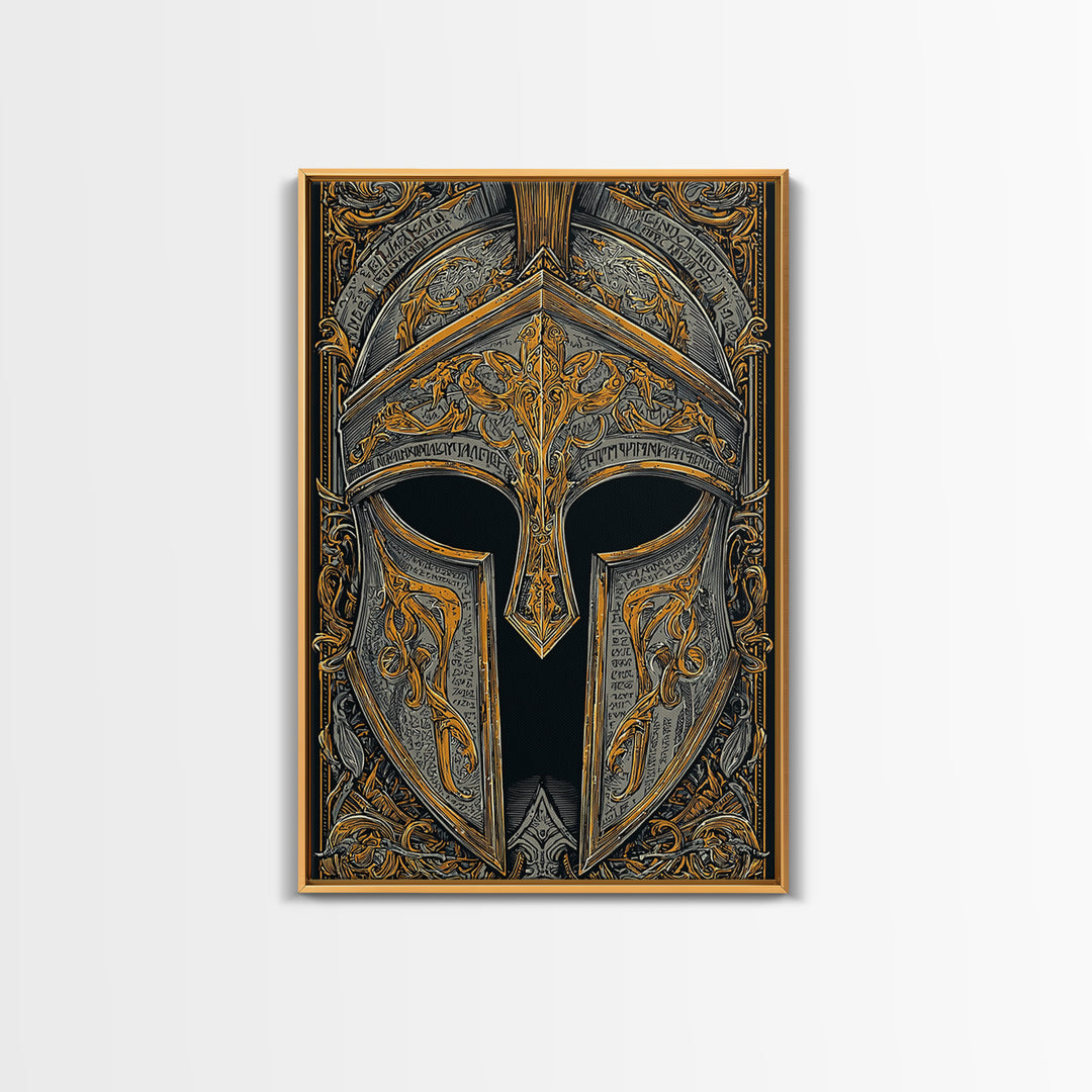Antiquity Helmet with Battle Scars and Etchings – Canvas Gold Art, Canvas Art with Real Wood Frame, Spartan History Wall Print