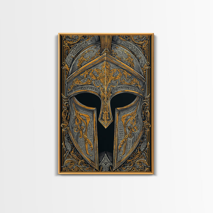 Antiquity Helmet with Battle Scars and Etchings – Canvas Gold Art, Canvas Art with Real Wood Frame, Spartan History Wall Print
