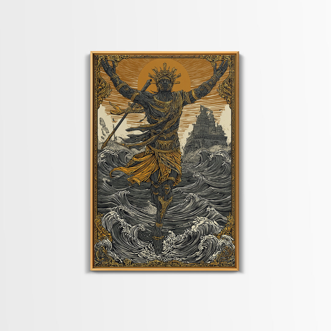 Sea God Statue Rising From Waves, Canvas Gold Canvas Print, Mythical Ocean Fantasy Wall Art, Real Wood Framed Decor