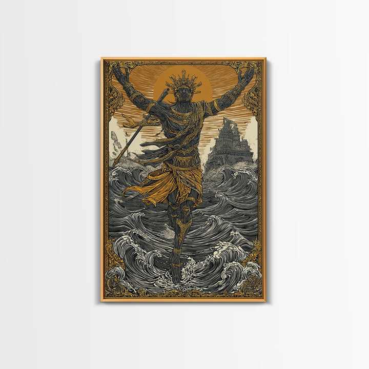 Sea God Statue Rising From Waves, Canvas Gold Canvas Print, Mythical Ocean Fantasy Wall Art, Real Wood Framed Decor