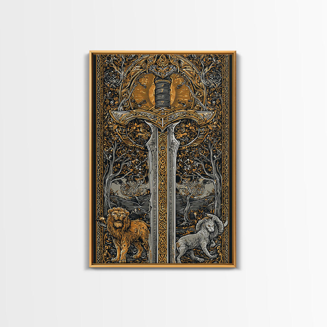 Sword With Lion And Ram Guardians, Canvas Gold Canvas Print, Mythical Medieval Wall Art, Real Wood Framed Fantasy Decor