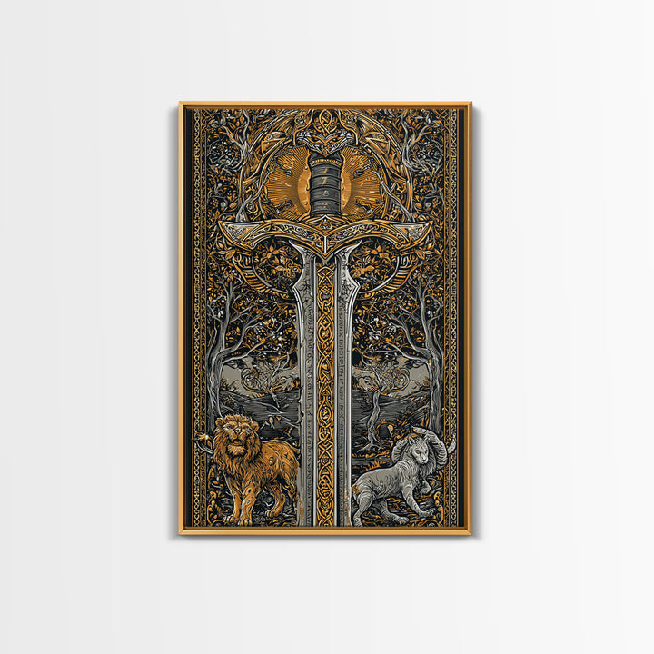 Sword With Lion And Ram Guardians, Canvas Gold Canvas Print, Mythical Medieval Wall Art, Real Wood Framed Fantasy Decor