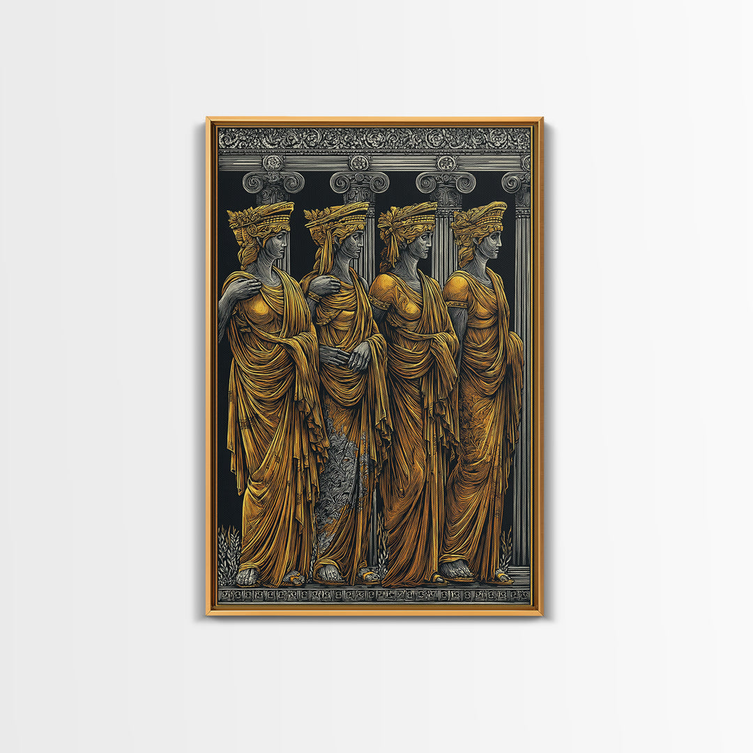 Ancient Greek Caryatids Canvas Gold Canvas Print, Classical Architecture Wall Art, Real Wood Frame Home Decor