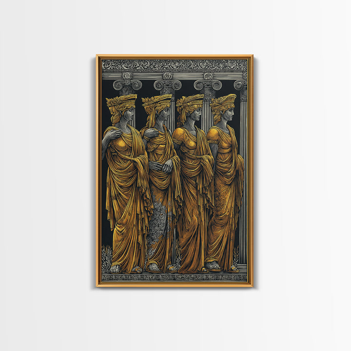 Ancient Greek Caryatids Canvas Gold Canvas Print, Classical Architecture Wall Art, Real Wood Frame Home Decor