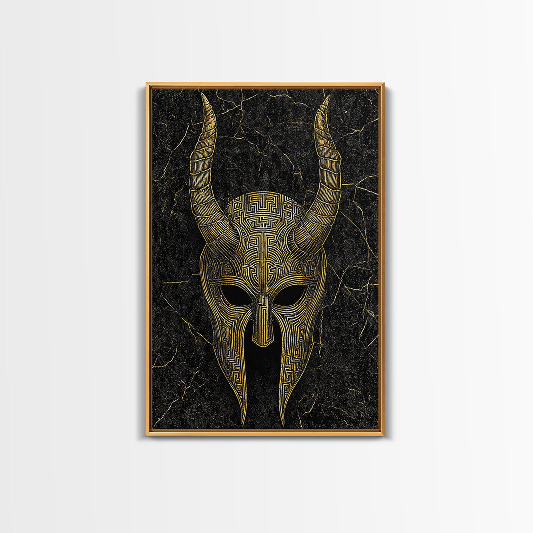 Horned Spartan Helmet Canvas Gold Art, Mythology Warrior Canvas Print, Real Wood Frame Greek Wall Decor