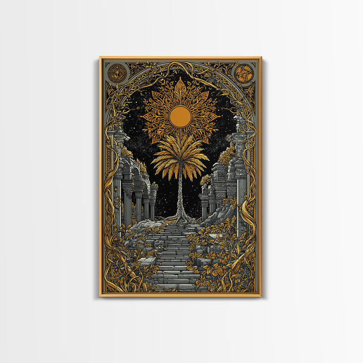 Golden Sun And Palm Canvas Gold Canvas Print, Mythical Ruins Wall Art, Real Wood Frame Ancient Greece Decor