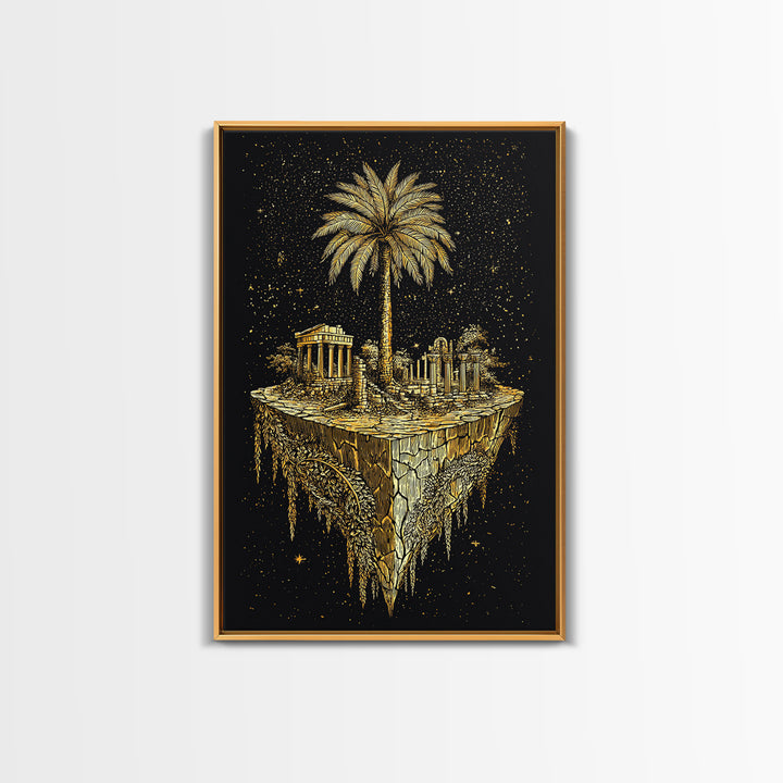Floating Island Ruins Canvas Gold Art, Ancient Greek Temple Canvas Print, Real Wood Frame Mythology Decor
