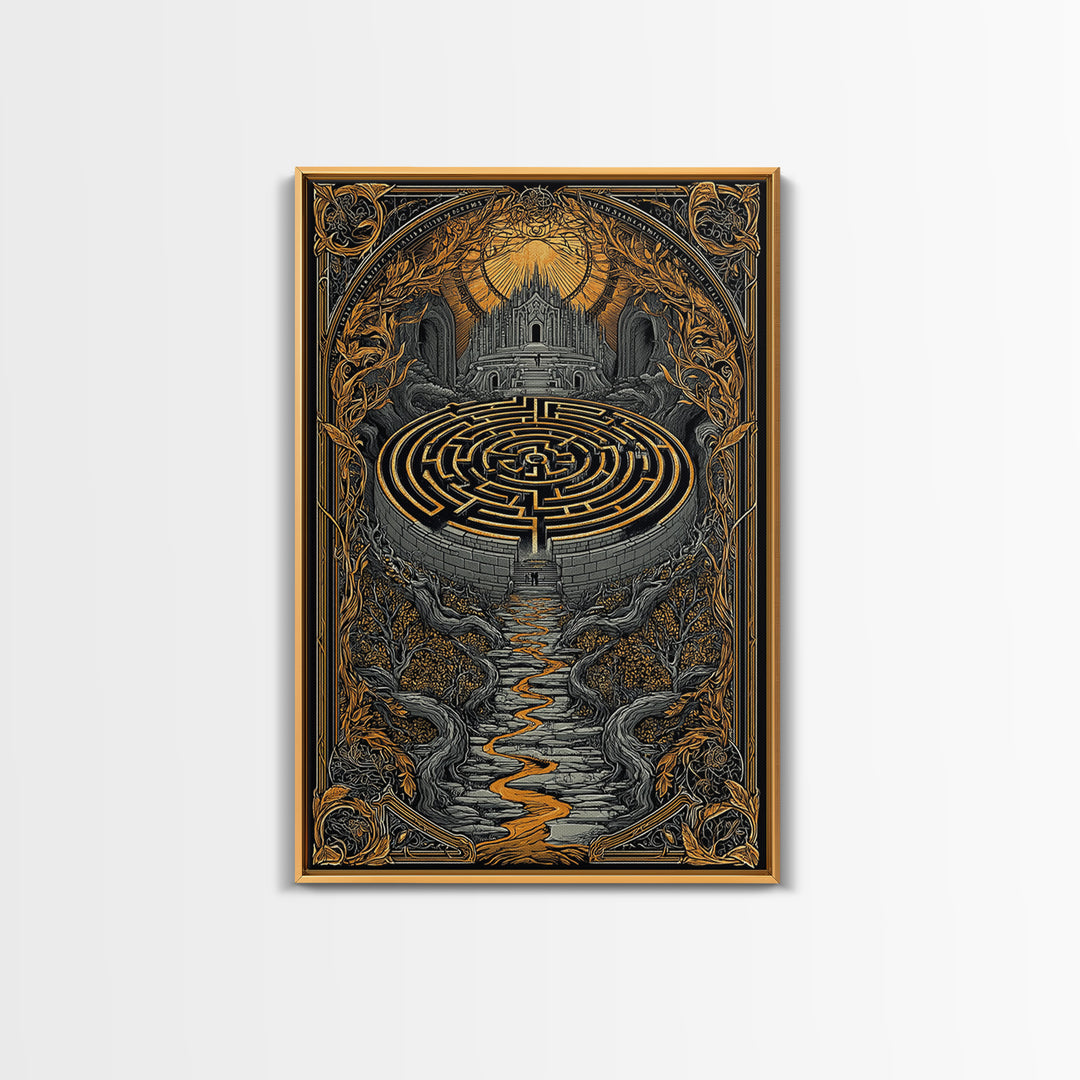 Labyrinth Path Canvas Gold Canvas Print, Ancient Maze Wall Art, Real Wood Frame Mythology Inspired Decor