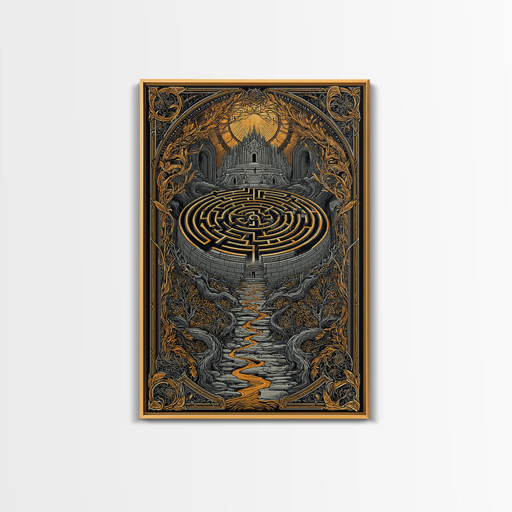 Labyrinth Path Canvas Gold Canvas Print, Ancient Maze Wall Art, Real Wood Frame Mythology Inspired Decor