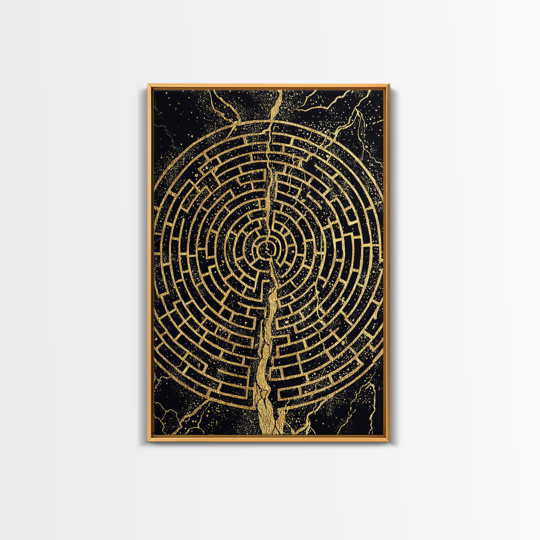 Circular Labyrinth Canvas Gold Art, Ancient Greek Maze Canvas Print, Real Wood Frame Mythology Wall Decor