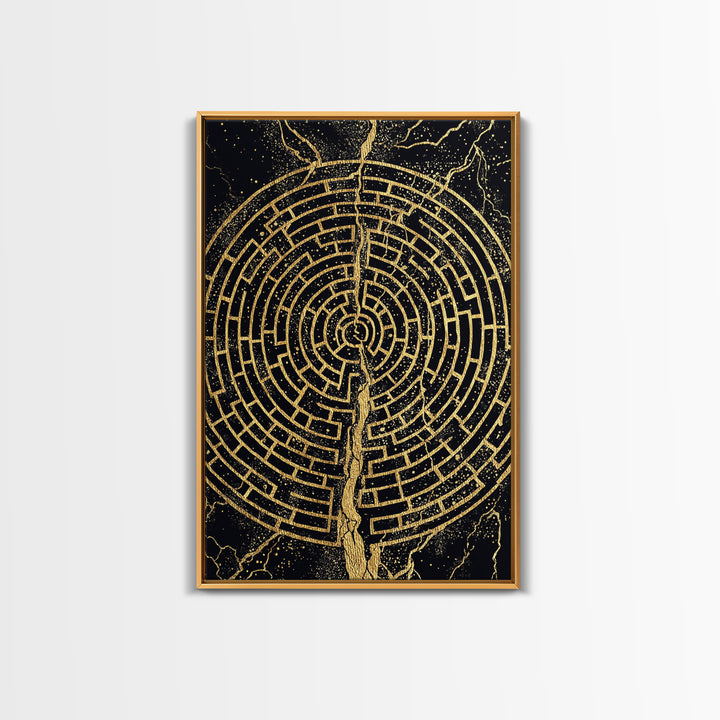 Circular Labyrinth Canvas Gold Art, Ancient Greek Maze Canvas Print, Real Wood Frame Mythology Wall Decor