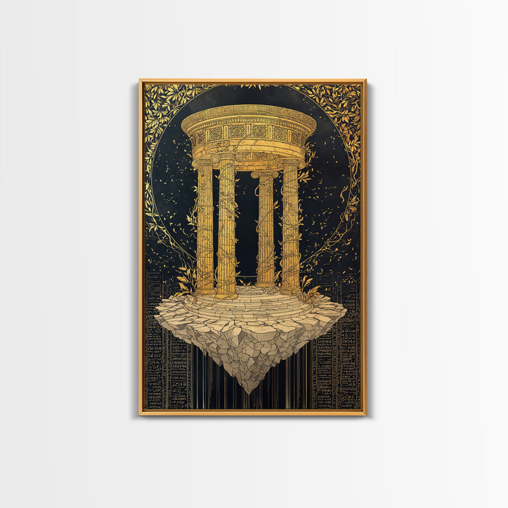 Floating Temple Canvas Gold Canvas Print, Classical Architecture Art, Real Wood Frame Ancient Greece Decor