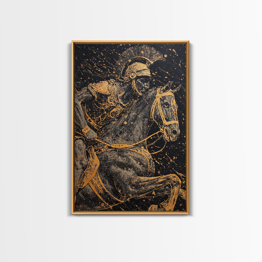 Spartan Horseback Warrior in Motion – Canvas Gold Art, Splatter Style Canvas Art, Ancient Greek Military Wall Decor