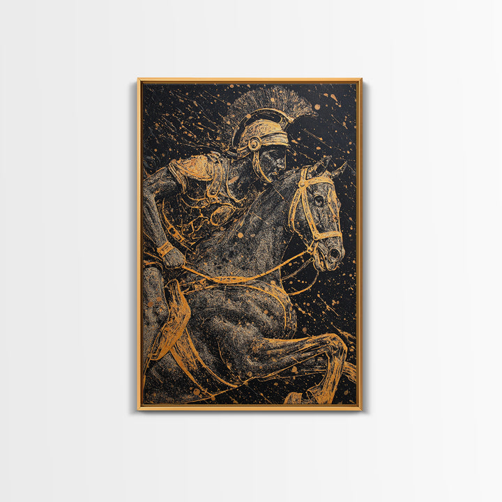 Spartan Horseback Warrior in Motion – Canvas Gold Art, Splatter Style Canvas Art, Ancient Greek Military Wall Decor