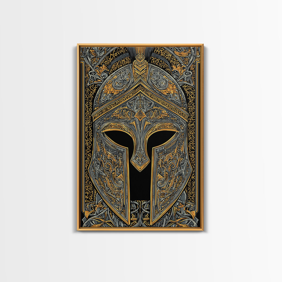 Runic-Inspired Spartan Helmet in Regal Filigree – Canvas Gold Art, Real Wood Framed Canvas Art, Ancient Warrior Wall Feature
