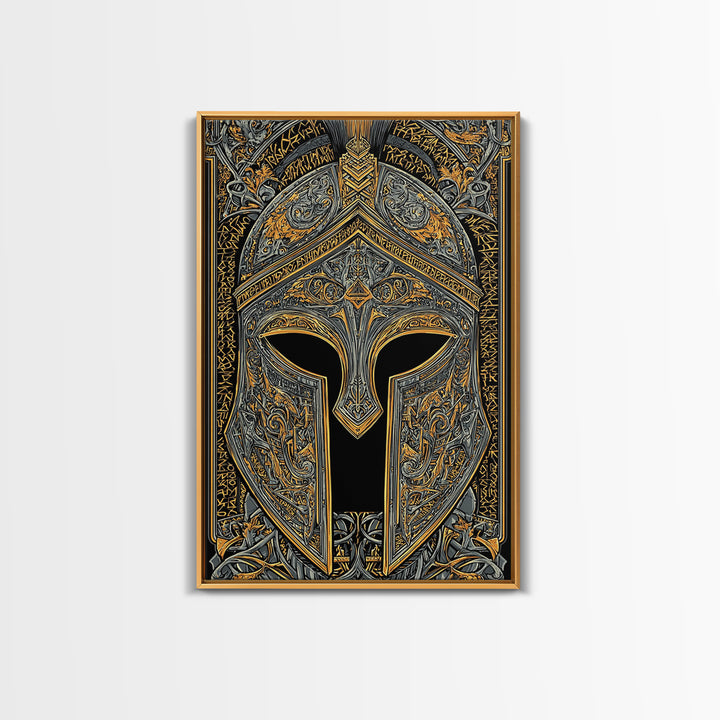 Runic-Inspired Spartan Helmet in Regal Filigree – Canvas Gold Art, Real Wood Framed Canvas Art, Ancient Warrior Wall Feature