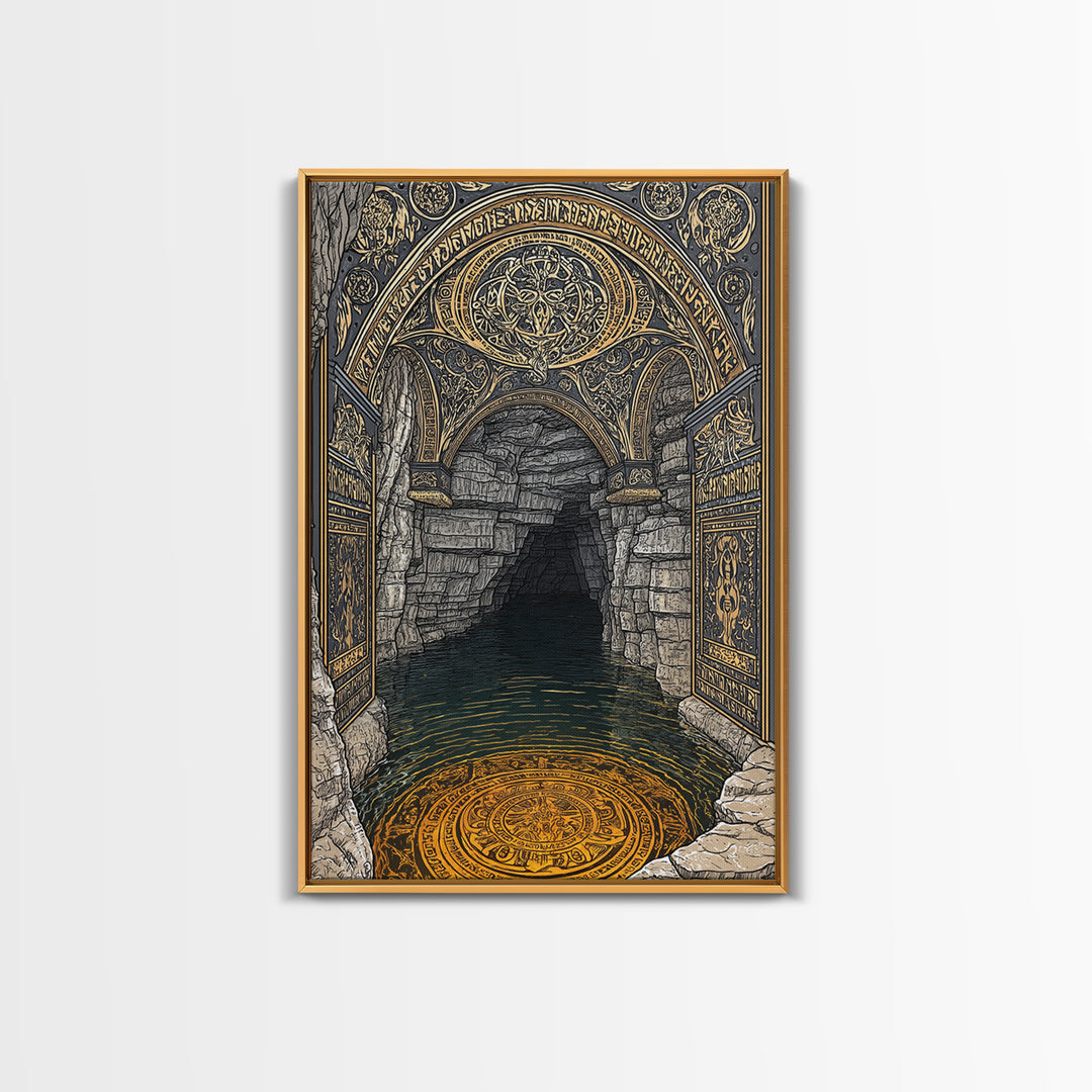Golden Cave Entrance Canvas Gold Canvas Print, Mythology Inspired Wall Art, Real Wood Frame Ancient Greece Decor