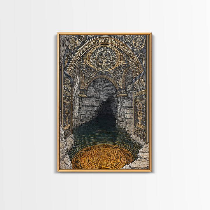 Golden Cave Entrance Canvas Gold Canvas Print, Mythology Inspired Wall Art, Real Wood Frame Ancient Greece Decor