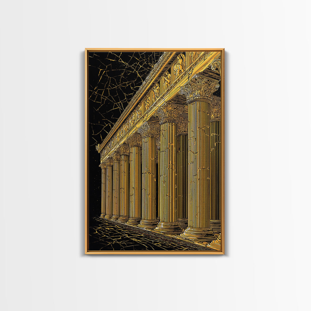 Ancient Parthenon Columns Canvas Gold Art, Classical Ruins Wall Decor, Real Wood Frame Canvas Print Decor